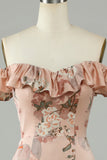 Fleur imprimée sur la robe de demoiselle d’honneur longue Shoudler Blush avec fente