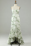 Asymétrique bustier imprimé vert longue robe de demoiselle d’honneur