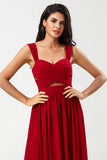 Incarnation de la romance Une ligne Chérie Bourgogne Robe de demoiselle d’honneur longue avec trou de serrure