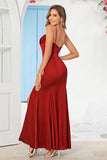 Sangles Spaghetti Sirène Bourgogne Robe de demoiselle d’honneur longue avec front fendu