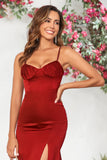 Sangles Spaghetti Sirène Bourgogne Robe de demoiselle d’honneur longue avec front fendu