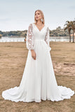 A Line V Neck Ivory Chiffon Sweep Train Boho Robe de mariée avec dentelle