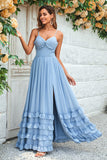 Robe de demoiselle d'honneur longue bleu poudré à bretelles spaghetti Charmante