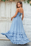 Robe de demoiselle d'honneur longue bleu poudré à bretelles spaghetti Charmante