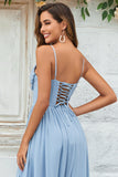 Robe de demoiselle d'honneur longue bleu poudré à bretelles spaghetti Charmante