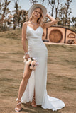 Robe de mariée simple sirène en satin boho ivoire avec fente