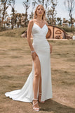 Robe de mariée simple sirène en satin boho ivoire avec fente