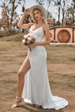 Robe de mariée simple sirène en satin boho ivoire avec fente