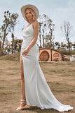 Robe de mariée simple sirène en satin boho ivoire avec fente