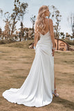 Robe de mariée simple sirène en satin boho ivoire avec fente