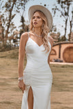Robe de mariée simple sirène en satin boho ivoire avec fente