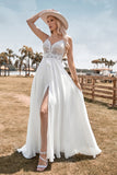 Sangles Spaghetti sans dos en dentelle Robe de mariée Boho avec fente