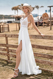 Sangles Spaghetti sans dos en dentelle Robe de mariée Boho avec fente