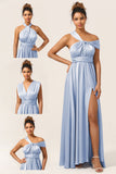 Robe de demoiselle d’honneur convertible en satin bleu avec fente