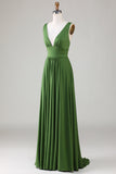 Robe de demoiselle d’honneur longue sans manches Olive Décolleté en V profond