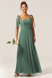 Une ligne Spaghetti Strapes Eucalyptus Tie Straps Bridesmaid Robe avec fente