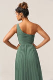 Une ligne une épaule Eucalyptus Robe de demoiselle d’honneur longue avec Ruched
