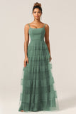 Magnifique Robe de demoiselle d'honneur longue en tulle d'eucalyptus avec bretelles spaghetti