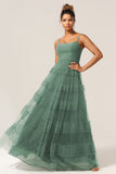 Magnifique Robe de demoiselle d'honneur longue en tulle d'eucalyptus avec bretelles spaghetti