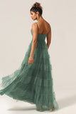 Magnifique Robe de demoiselle d'honneur longue en tulle d'eucalyptus avec bretelles spaghetti