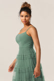 Magnifique Robe de demoiselle d'honneur longue en tulle d'eucalyptus avec bretelles spaghetti