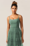 Magnifique Robe de demoiselle d'honneur longue en tulle d'eucalyptus avec bretelles spaghetti