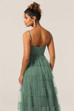 Magnifique Robe de demoiselle d'honneur longue en tulle d'eucalyptus avec bretelles spaghetti