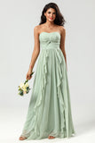 Robe de demoiselle d’honneur verte en mousseline de soie A Line avec plissés