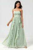 Robe de demoiselle d’honneur verte en mousseline de soie A Line avec plissés