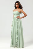 Robe de demoiselle d’honneur verte en mousseline de soie A Line avec plissés