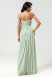 Robe de demoiselle d’honneur verte en mousseline de soie A Line avec plissés