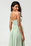Robe de demoiselle d’honneur verte en mousseline de soie A Line avec plissés