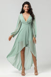 Mousseline de soie haute A Line Robe de demoiselle d’honneur verte à manches longues