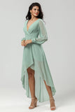 Mousseline de soie haute A Line Robe de demoiselle d’honneur verte à manches longues