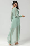 Mousseline de soie haute A Line Robe de demoiselle d’honneur verte à manches longues