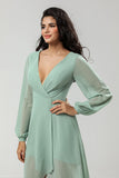 Mousseline de soie haute A Line Robe de demoiselle d’honneur verte à manches longues