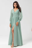 Chiffon A Line Manches Longues Robe demoiselle d’honneur avec boutons