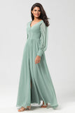 Chiffon A Line Manches Longues Robe demoiselle d’honneur avec boutons