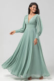 Détachable à manches longues Chiffon Robe de demoiselle d’honneur verte avec plissés