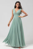 Détachable à manches longues Chiffon Robe de demoiselle d’honneur verte avec plissés