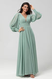 Détachable à manches longues Chiffon Robe de demoiselle d’honneur verte avec plissés