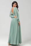 Détachable à manches longues Chiffon Robe de demoiselle d’honneur verte avec plissés