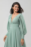 Détachable à manches longues Chiffon Robe de demoiselle d’honneur verte avec plissés