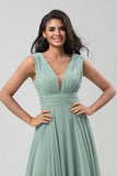 Détachable à manches longues Chiffon Robe de demoiselle d’honneur verte avec plissés