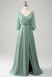 Matcha Batwing manches longue en mousseline de soie robe de demoiselle d’honneur avec fente