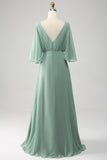 Matcha Batwing manches longue en mousseline de soie robe de demoiselle d’honneur avec fente