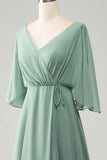 Matcha Batwing manches longue en mousseline de soie robe de demoiselle d’honneur avec fente