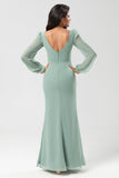 Robe de demoiselle d’honneur verte à manches longues avec fente
