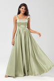 Satin A Line Robe de demoiselle d’honneur verte avec poches
