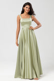 Satin A Line Robe de demoiselle d’honneur verte avec poches